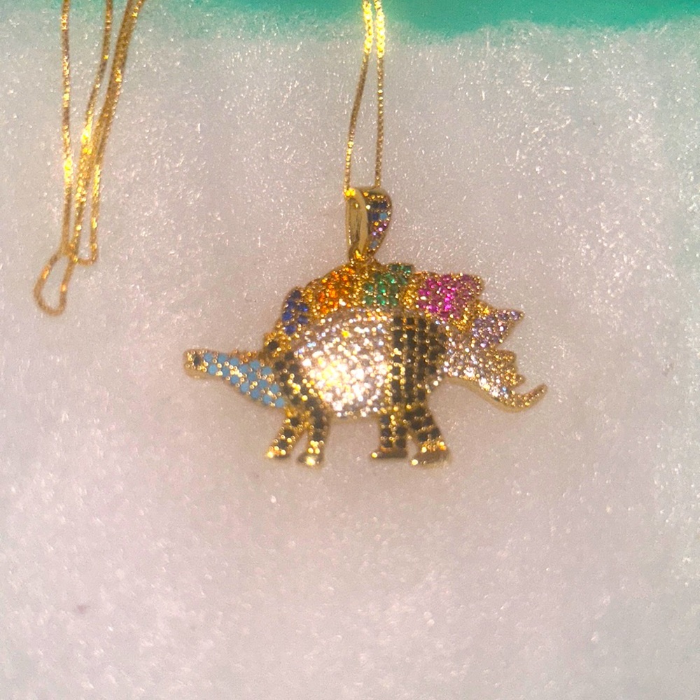 Boho hippie Stegosaurus Dinosaur Gold Plated over Silver 16” Necklace - Picture 6 of 6